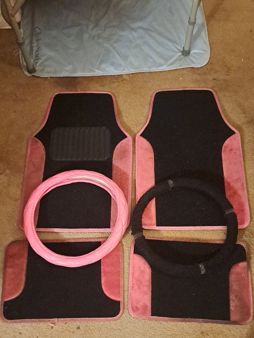 Pink and Black Car Floor Mat Set with Steering Wheel Covers